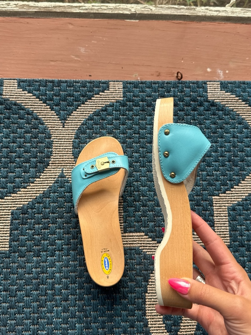 Dr. Scholl's Turquoise Slide Sandals with Gold Buckle - Picture 2 of 4